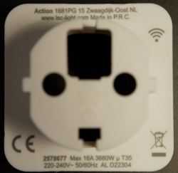 Front view of an electrical plug with a Wi-Fi logo.
