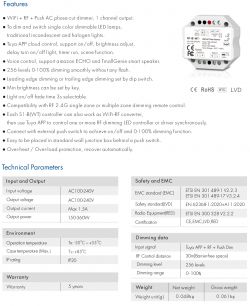 Image of LED dimmer specifications and features.