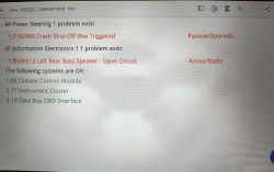 Zdjęcie diagnostycznego raportu błędów samochodu z informacjami o problemach z układem kierowniczym i elektroniką.