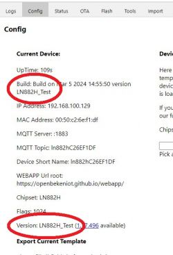 Screenshot of the Config tab showing current device details with software version LN882H_Test.