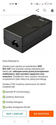Zasilacz PoE z opisem technicznym i przyciskami do zakupu.