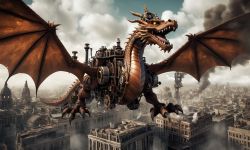Mechanical Dragon Over Steampunk City A massive mechanical dragon flying over a steampunk city.