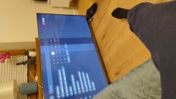 Telewizor Xiaomi L55M5 na podłodze z widocznymi dwoma pionowymi paskami na ekranie.