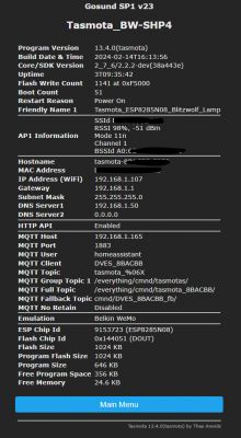 Screenshot of Tasmota BW-SHP4 device settings on Gosund SP1.
