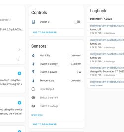 Shelly Plus 1PM control panel in Home Assistant showing sensor data and switch history
