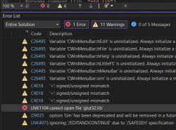 A screenshot displaying a list of errors and warnings in a development environment. The main error is LNK1104 cannot open file 'glut32.lib'.