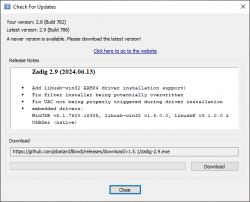 Okno aktualizacji oprogramowania Zadig informujące o nowej wersji 2.9.