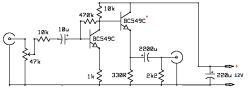 Schemat wzmacniacza audio na tranzystorach BC549C z zasilaniem 12V