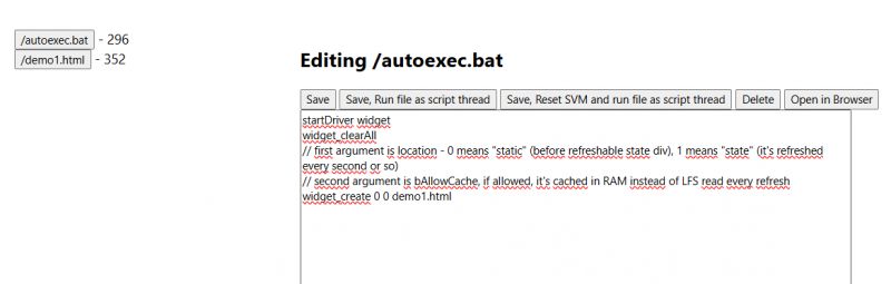 Editing /autoexec.bat File with Widget Configuration Screenshot of a text editor with an open /autoexec.bat file containing a widget script.