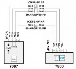 Schemat przedstawiający połączenia elektryczne pomiędzy dwoma modułami, 7097 i 7800, sterowanymi za pomocą ABS/ESP.