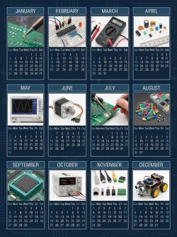 2026 electronics DIY calendar with 3×4 layout and an electronic component image each month