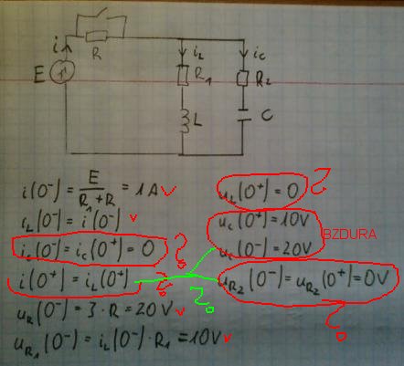 Obliczanie napięć i prądów w chwili t=0- oraz t=0+ w obwodzie z E=30V, R=20, R1=10, R2=40