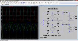 Rectifier circuit simulation in LTspice with sine and square waveforms.
