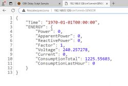 Screenshot showing JSON data with energy readings, including voltage 240.257278 and time 1970-01-01T00:00:00.