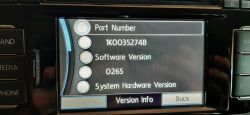 Car System Version Information Screen Car system info screen displaying part number, software, and hardware version.