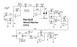 Schemat wzmacniacza gitarowego Marshall Shred Master z 1992 roku.