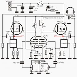 Schemat wzmacniacza audio z wykorzystaniem lampy i tranzystorów MOSFET.