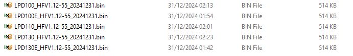 A list of five firmware BIN files starting with LPD, showing name, date, type, and size details.
