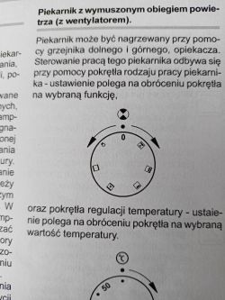 Instrukcja obsługi piekarnika z wentylatorem z pokrętłem wyboru funkcji i temperatury.
