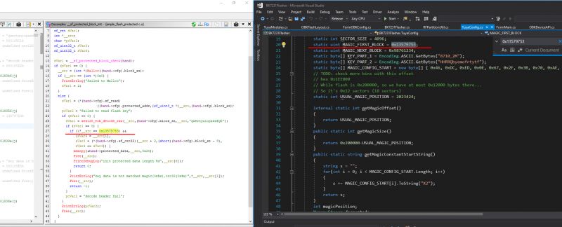 Source code displayed in two application windows on a computer.