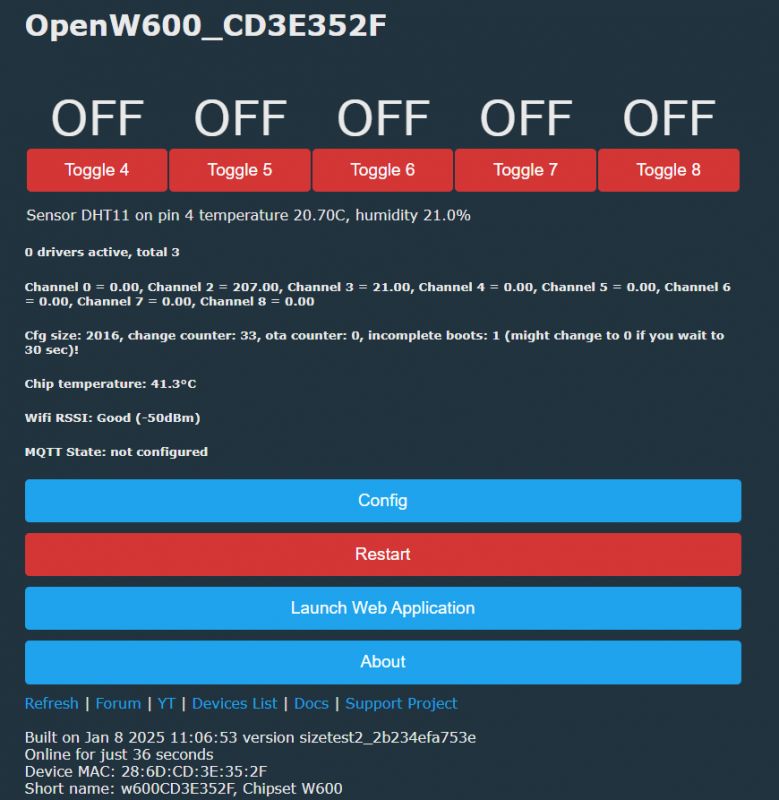 OpenW600 user interface with temperature and humidity data