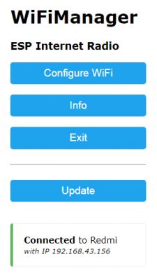 WiFiManager interface for ESP Internet Radio with buttons Configure WiFi, Info, Exit, Update and information about connection to Redmi.