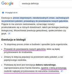 Zrzut ekranu wyników Google z definicją ewolucji biologicznej i zaznaczonym tekstem.