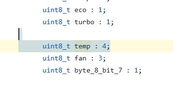 A code snippet in C showing a struct with uint8_t bit fields, with the temp : 4 line highlighted.