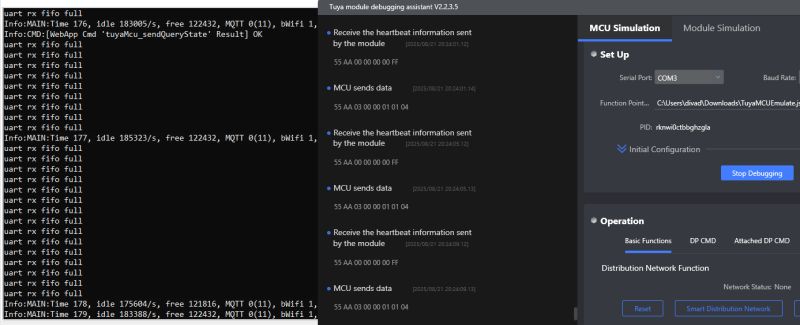 Screenshot of UART fifo full messages and Tuya debugging interface with MCU simulation