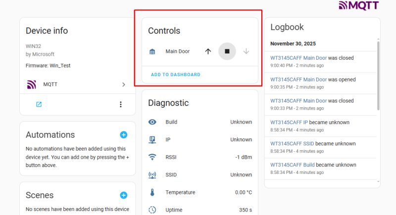Main door control panel with MQTT branding and diagnostic data display