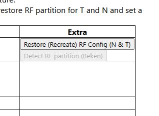 Table with Restore (Recreate) RF Config (N &amp; T) button and disabled Detect RF partition (Beken)