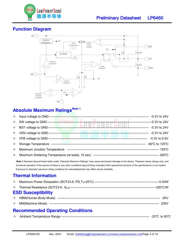 Block diagram of LP6460 chip with labeled inputs, outputs, and voltage ratings