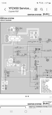 Schemat zapłonu pojazdu YFZ450 z oznaczeniami komponentów elektrycznych.