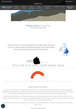 Screenshot from Kinetico site showing very hard water rating for postal area NR11