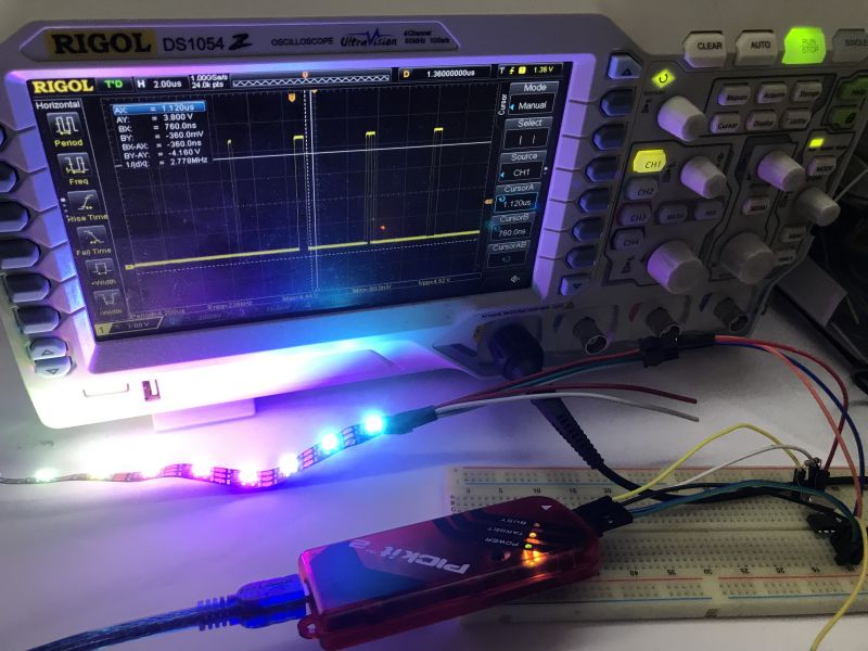 WS2812 LED strip connected to a breadboard and analyzed with Rigol DS1054Z oscilloscope