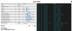 Zrzut ekranu interfejsu „Solar CWU” z tabelą ustawień grzałek i logiem komunikatów