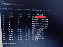 Zrzut ekranu z konsoli systemu Windows przedstawiający wynik polecenia tracert do 8.8.8.8, z kilkoma opóźnieniami i komunikatami Request timed out. na niektórych przeskokach.
