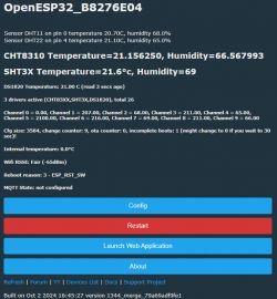 Screenshot of OpenESP32 interface displaying temperature and humidity readings from various sensors.