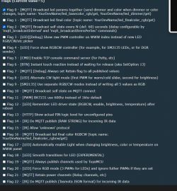 List of configuration options and flags for an LED controller displayed on a dark background.