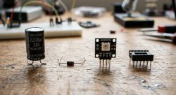 Cztery elementy elektroniczne na drewnianym stole: kondensator 2200 µF 30 V, dioda, WS2812B i podstawka DIP8