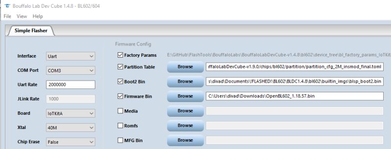 Screenshot showing Bouffalo Lab Dev Cube 1.4.8 configuration for flashing firmware to BL602/604 chip.