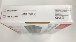 White zenwire box showing PoE 1024 and PoE 1023 model info and manufacturer details