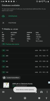 Zrzut ekranu z aplikacji NetMonster przedstawiający szczegóły połączenia LTE 900 w sieci T-Mobile z niskim poziomem sygnału.