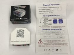 Gledopto GL-C-309WL LED controller box, the white controller unit, and a leaflet with specs and wiring diagram