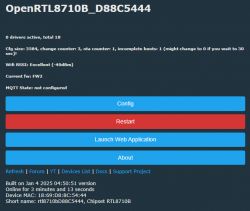 User interface for OpenRTL8710B device displaying status and configuration options.