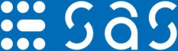 Logo firmy SAS złożone z białych liter i symboli na niebieskim tle