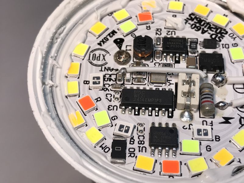 Interior of Bluetooth RGB/CCT Bulb Interior of a Bluetooth RGB/CCT bulb with visible circuits and LED lights.