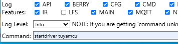 Application window with logging options checked and command startdriver tuyamcu entered
