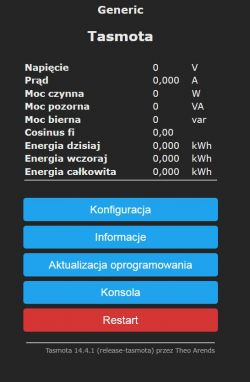 Interfejs użytkownika Tasmota pokazujący dane pomiarowe i opcje konfiguracji