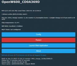 User interface for the OpenW600 device, displaying network time configuration details and other system parameters.
